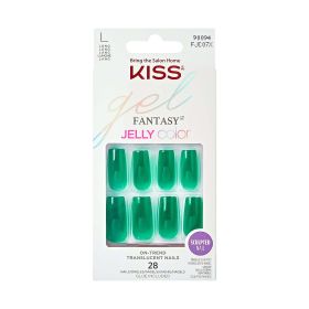 KISS Gel Fantasy Long Square Solid Color Glue-On Jelly Nails, Neon Green, 28 pieces - KISS USA